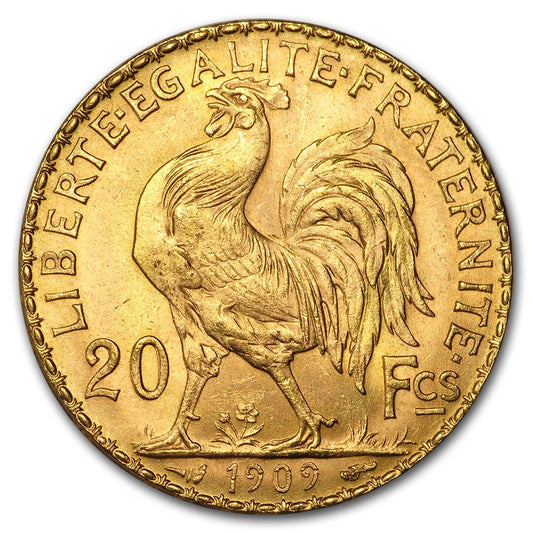 1909 20FR Gold French Rooster BU