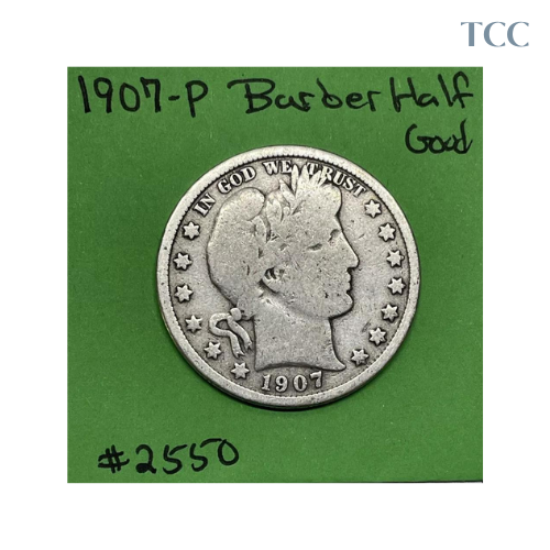 1907 P Barber Half Dollar Good (G) 90% Silver