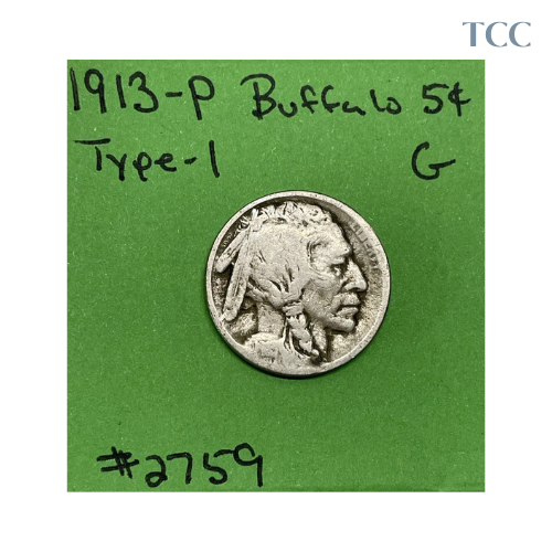 1913 P T1 (Type 1) Buffalo Nickel 5c Good