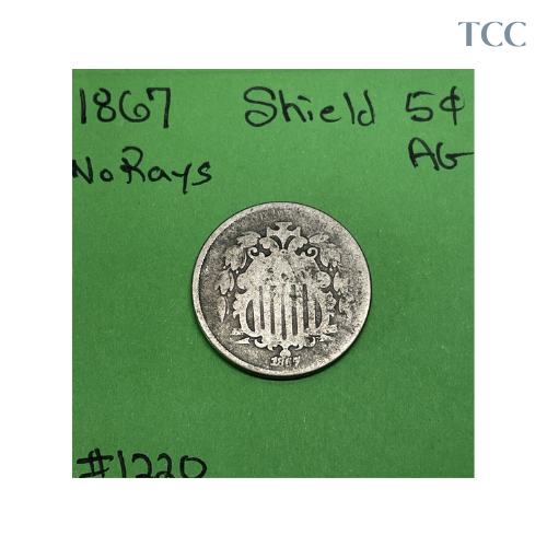 1867 Shield Nickel 5 Cent Piece No Rays About Good (AG)