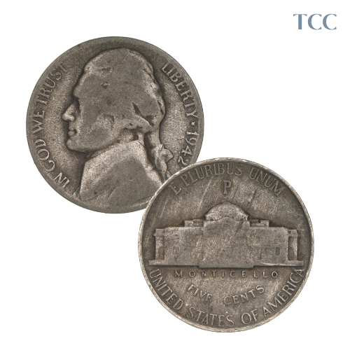 1942 P Jefferson War Nickel 35% Silver Avg Circ