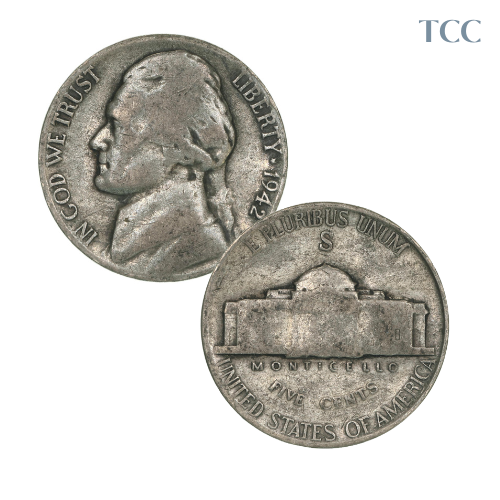 1942 S Jefferson War Nickel 35% Silver Avg Circ