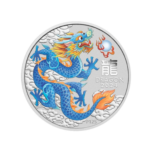 2024 Australia 🇦🇺 Perth Mint 1oz .9999 Silver Lunar Colorized Blue Dragon in Card