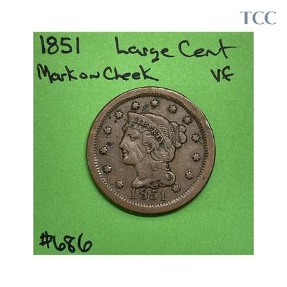 1851 Braided Hair Large Cent VF Very Fine Obverse Mark