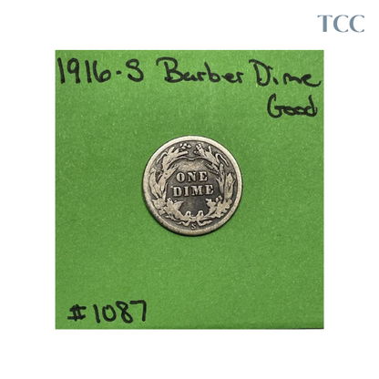 1916-S Barber Dime Good (G)