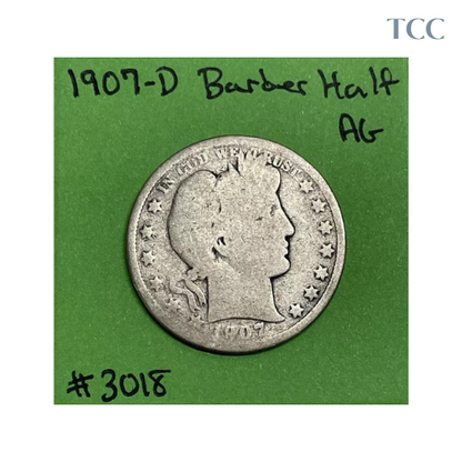 1907 D Barber Half Dollar 50c AG About Good 90% Silver