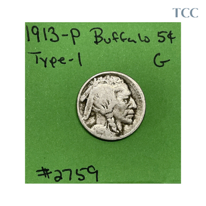 1913 P T1 (Type 1) Buffalo Nickel 5c Good