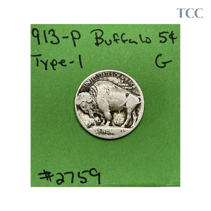 1913 P T1 (Type 1) Buffalo Nickel 5c Good