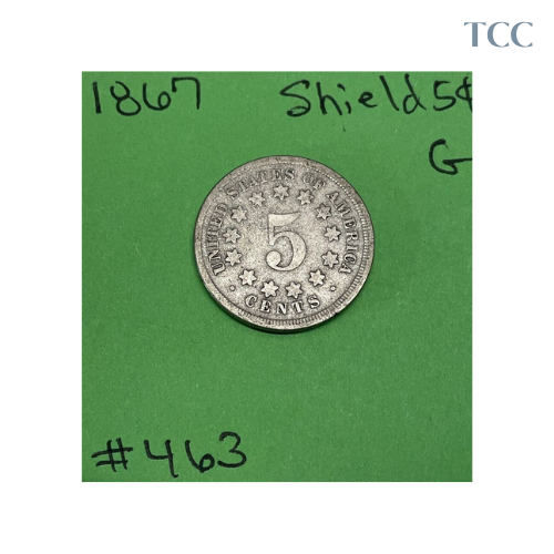 1867 Shield Nickel 5 Cent Piece No Rays Good (G)