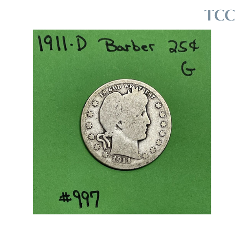 1911 D Barber Quarter Good 90% Silver