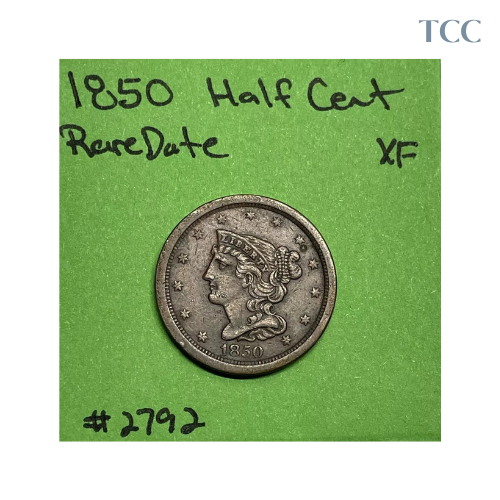 1850 Half Cent Choice XF Extra Fine Rare Date!