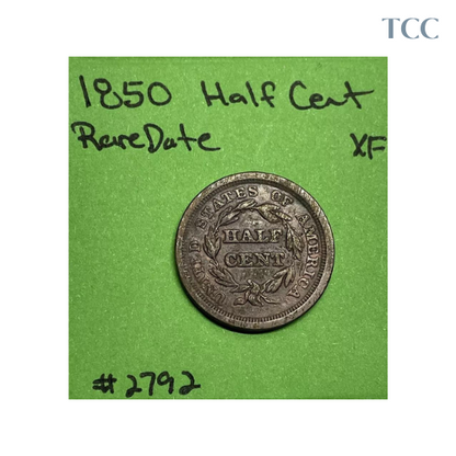 1850 Half Cent Choice XF Extra Fine Rare Date!