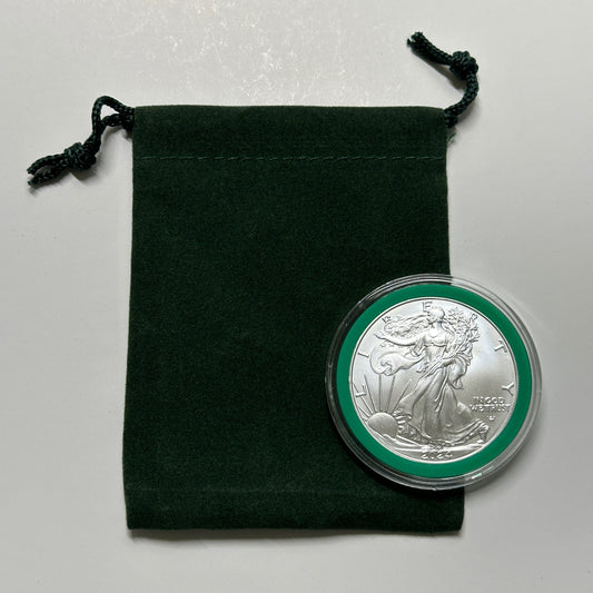 2024 $1 American Silver Eagle 1 oz BU In Christmas Green Ring Holder Velvet Bag