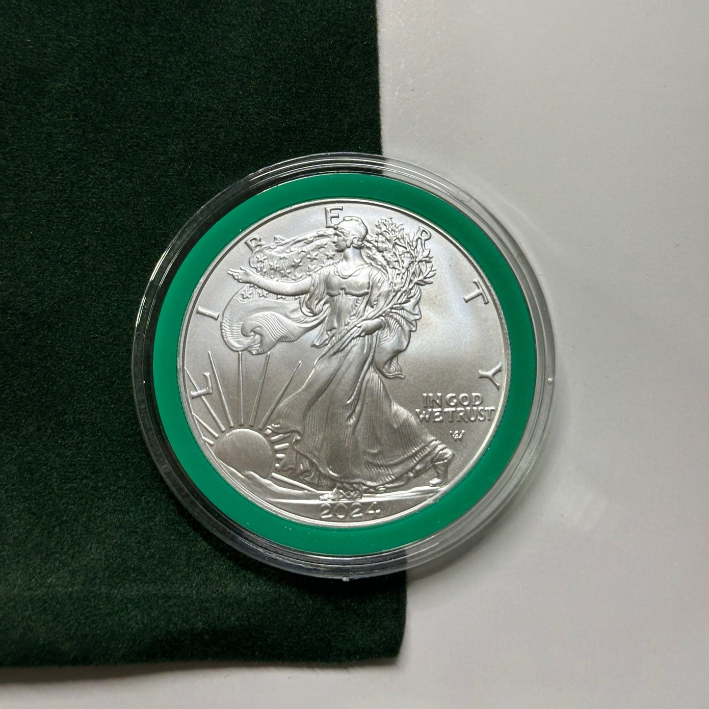 2024 $1 American Silver Eagle 1 oz BU In Christmas Green Ring Holder Velvet Bag