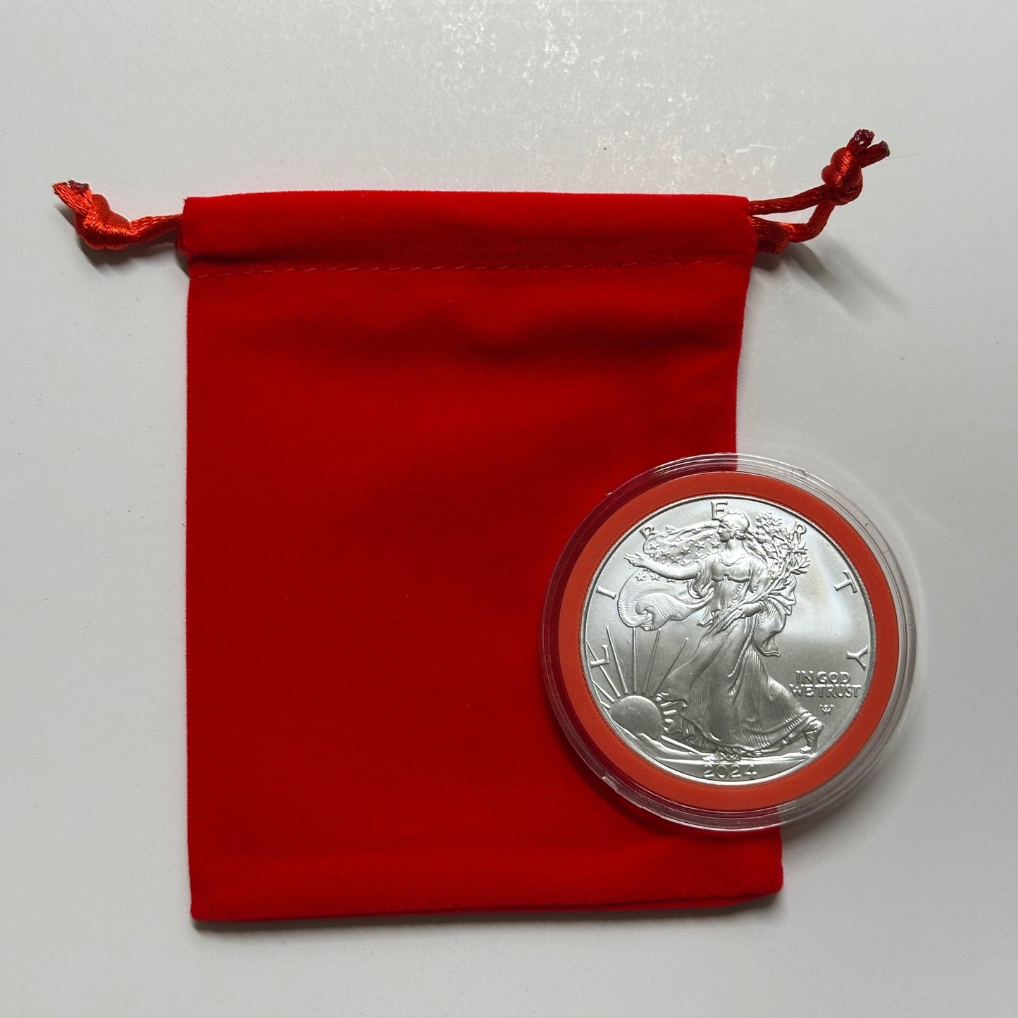 2024 American Silver Eagle 1 oz BU In Christmas Red Ring Holder & Velvet Bag