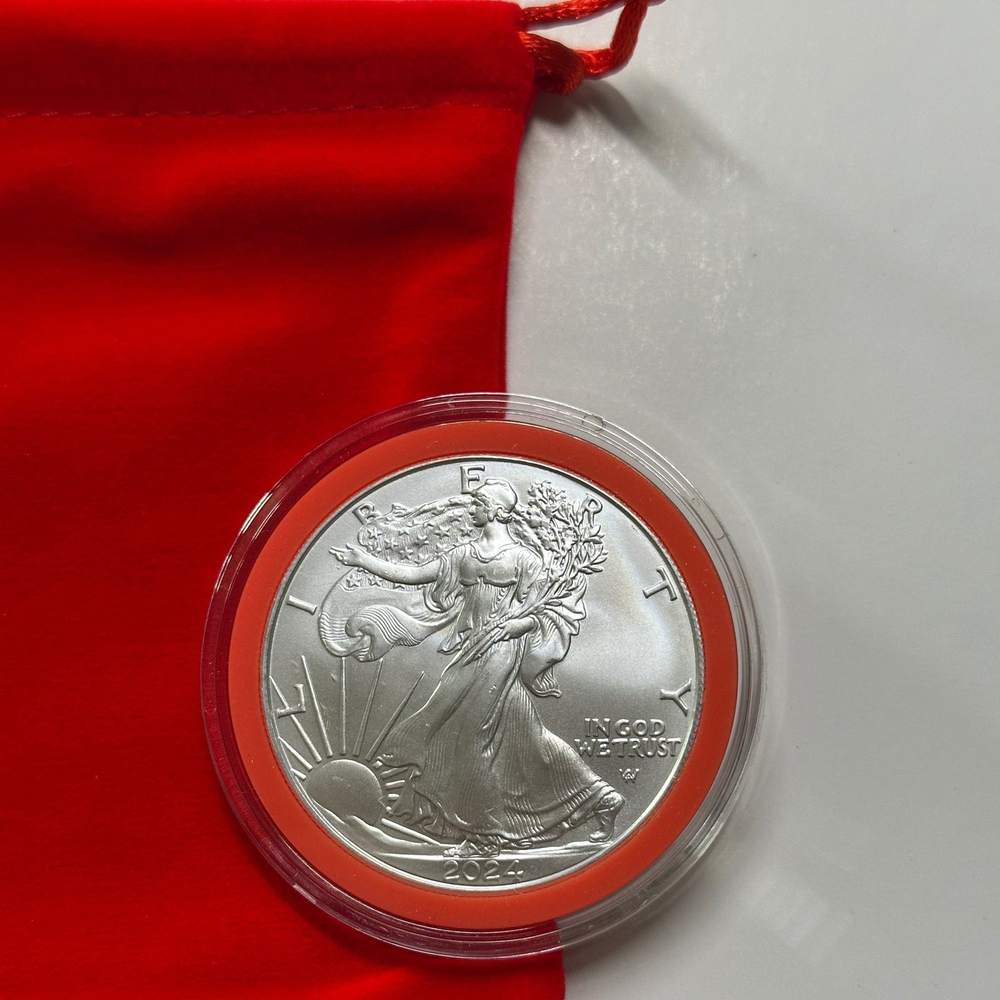 2024 American Silver Eagle 1 oz BU In Christmas Red Ring Holder & Velvet Bag