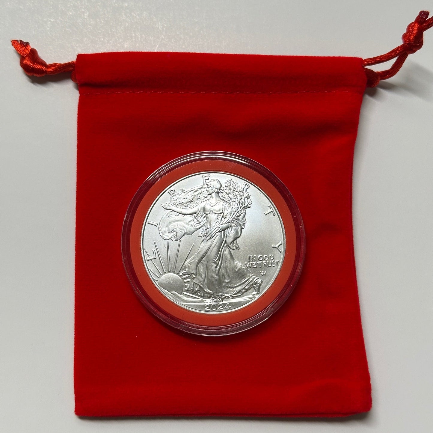 2024 American Silver Eagle 1 oz BU In Christmas Red Ring Holder & Velvet Bag