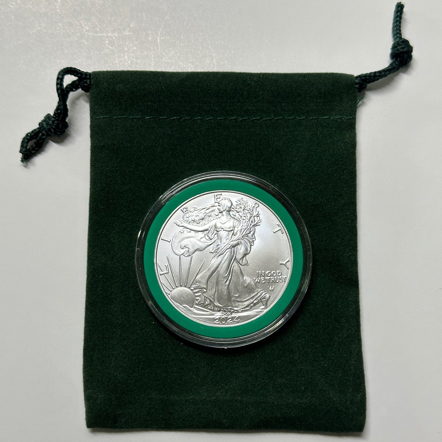 2024 $1 American Silver Eagle 1 oz BU In Christmas Green Ring Holder Velvet Bag