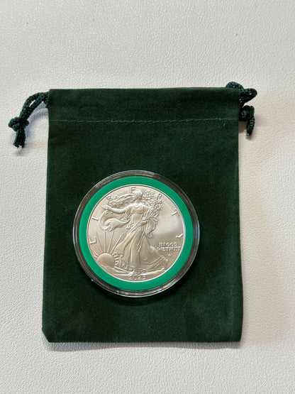 2025 $1 American Silver Eagle 1 oz BU In Green Ring Holder Velvet Bag