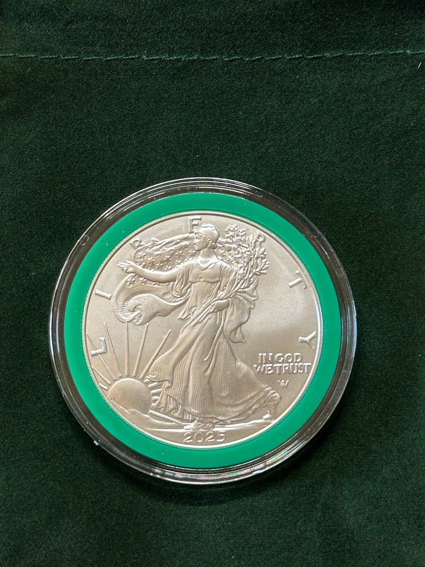 2025 $1 American Silver Eagle 1 oz BU In Green Ring Holder Velvet Bag