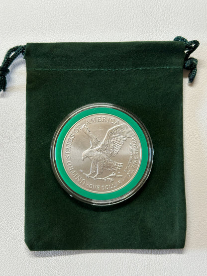 2025 $1 American Silver Eagle 1 oz BU In Green Ring Holder Velvet Bag