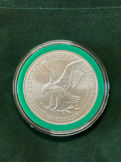 2025 $1 American Silver Eagle 1 oz BU In Green Ring Holder Velvet Bag