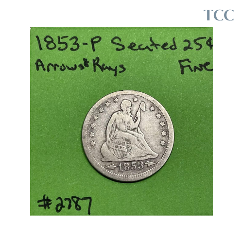 1853-P Seated Liberty Quarter Arrows & Rays Fine FN 90% Silver