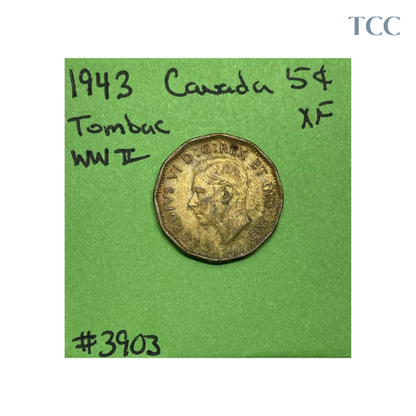 1943 TOMBAC Canada 5 Cent Nickel Extra Fine (XF)