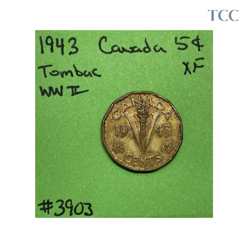 1943 TOMBAC Canada 5 Cent Nickel Extra Fine (XF)