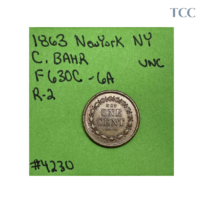 1863 C BAHR Liquor Dealer F630-6a New York NY Civil War Store Card Token Unc.