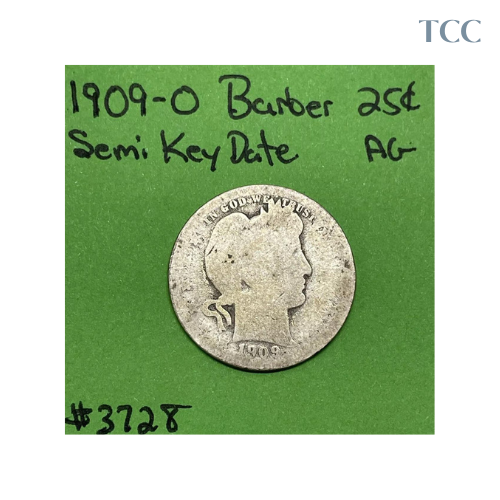 1909 O Barber Quarter AG About Good 90% Silver 25c Semi Key Date