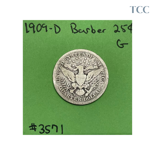 1909 D Barber Liberty Head Quarter G Good 90% Silver 25c