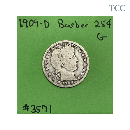 1909 D Barber Liberty Head Quarter G Good 90% Silver 25c