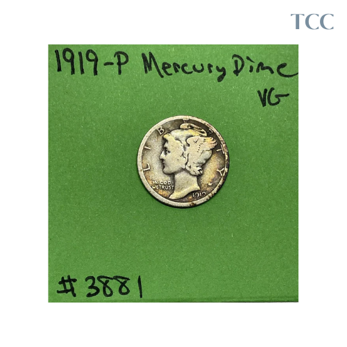 1919-P Mercury Silver Dime 10c VG Very Good 90% Silver