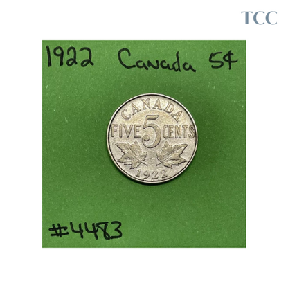 1922 - Canada 🇨🇦 5c Cents Nickel Circulated