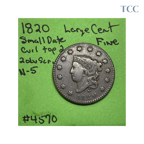 1820 1C Small Date Newcomb-5 Coronet Head Large Cent Fine