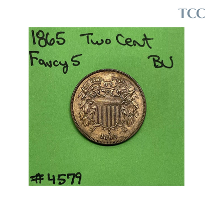 1865 Two Cent Piece 2c Fancy 5 BU Mottled Red US Type Coin