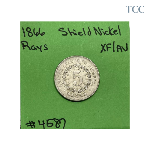 1866 Shield Nickel 5c Cent Piece With Rays XF/AU Tough Type Coin