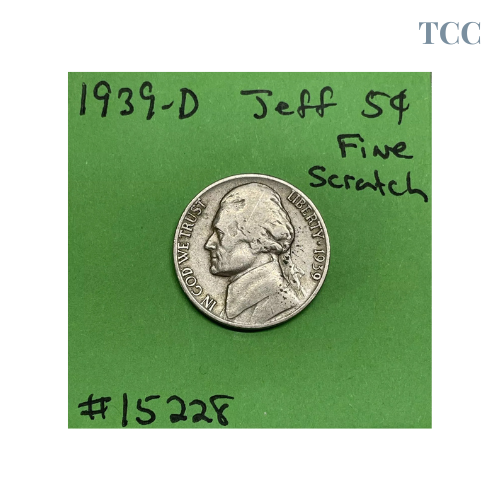 1939 D Jefferson Nickel 5c Fine FN Light Scratch