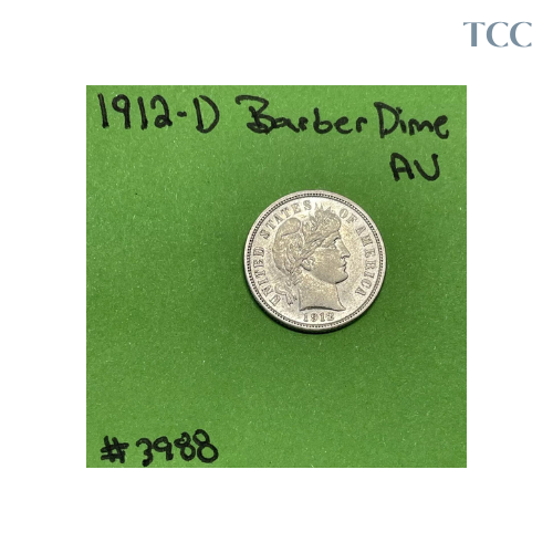 1912-D Barber Dime 10c AU About Uncirculated 90% Silver