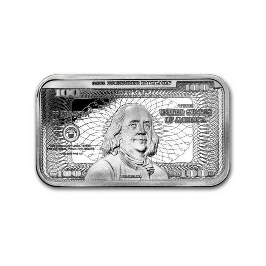 1 oz Silver Ben Franklin $100 Bill Design Bar