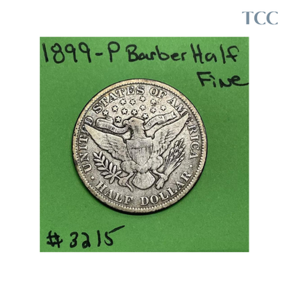 1899 P Barber Liberty Head Half Dollar Fine 90% Silver