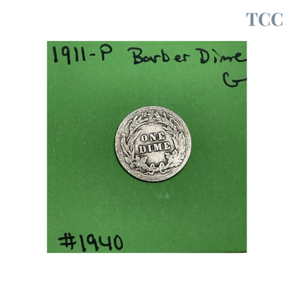 1911-P Barber Dime 10c 90% Silver Good