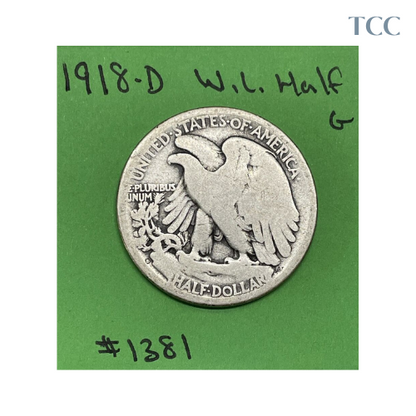 1918-D Walking Liberty Half Dollar 50c Good 90% Silver Better Date