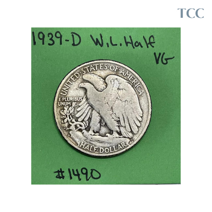 1939 D Liberty Walking Half Dollar VG Very Good 90% Silver Tough Date