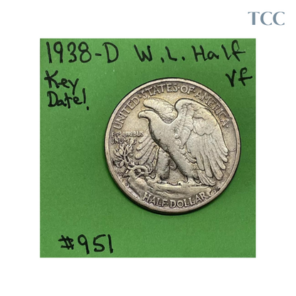 1938 D Liberty Walking Half Dollar VF Very Fine Silver Key Date