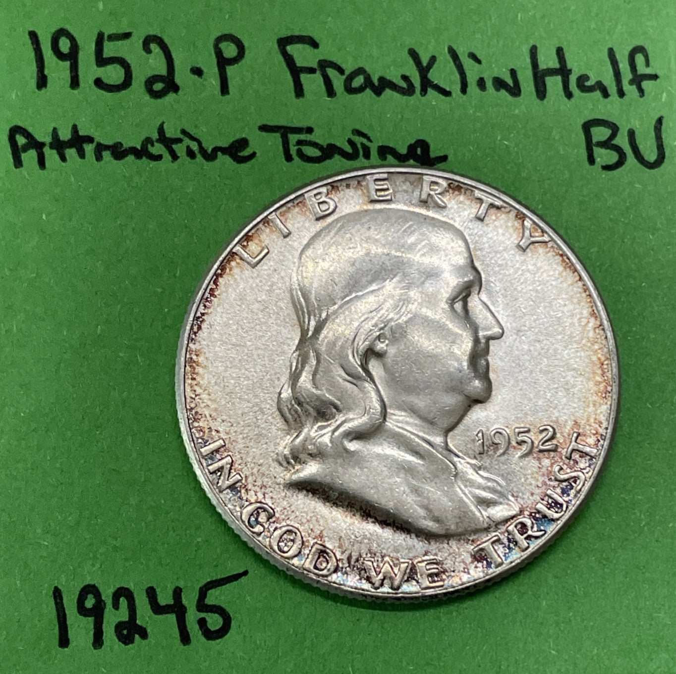 1952 P Franklin Half Dollar 50c Gem BU Brilliant Uncirculated Attractive Toning