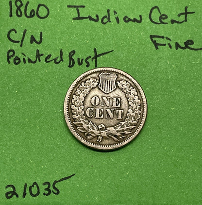 1860 Indian Head Cent 1c Fine Pointed Bust