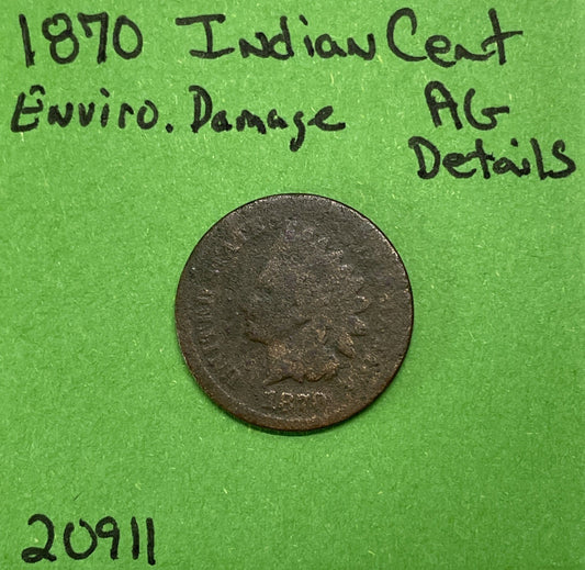 1870 Indian Head Cent 1c Ag About Good Details Enviro. Damage Tough Date!