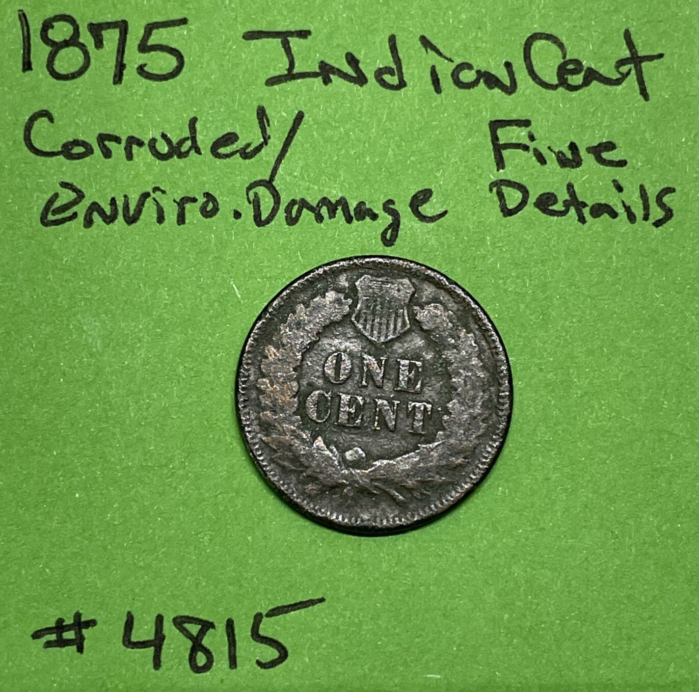 1875 Indian Head Cent / Penny 1c Fine Details Environmental Damage
